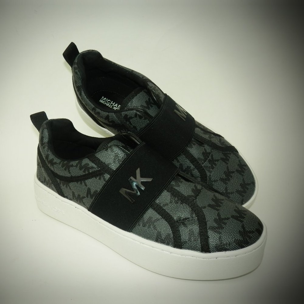 New women's Michael Kors MK Logo Trainer Sneakers Slip On Shoes black/gray